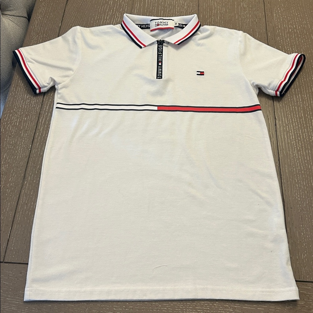 Tommy Hilfiger Kids SZ 14  White Polo with Red and Black Stripes